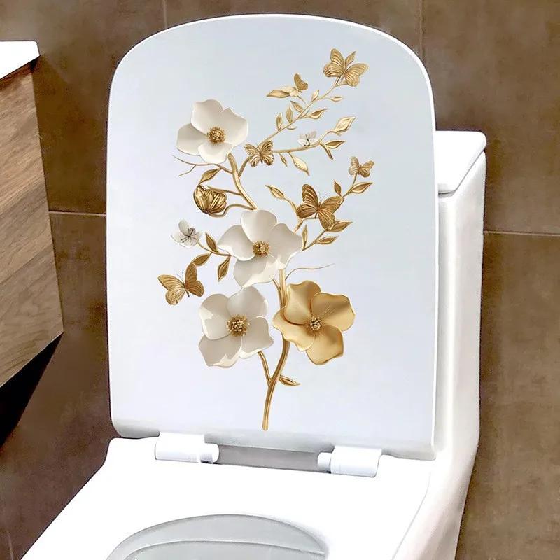 Наклейки на унитаз для ванной комнаты Современный минималистичный узор с золотыми цветами Самоклеящиеся картины для украшения ванной комнаты и гостиной