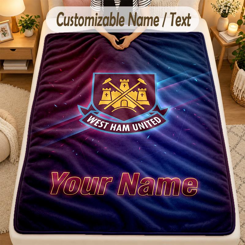 Flannel BlanketWest Ham United FC Custom Name Text Personalized Soft Warm Throw Blanket Home Decor Gift