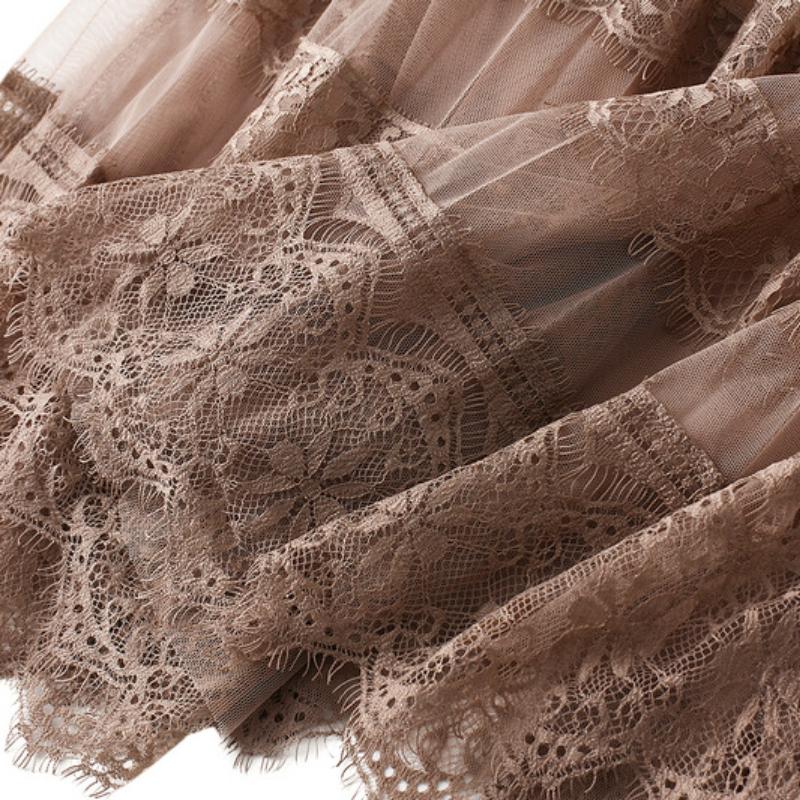 Корейская версия юбки-сетки с кружевной вставкой на высокой талии, женская плиссированная юбка А-силуэта средней длины