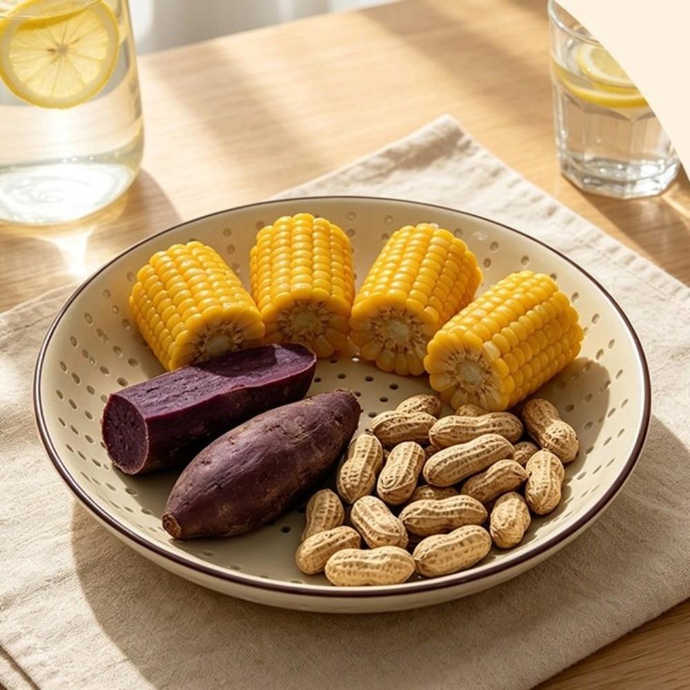 Ceramic Round Steaming Grid Brown Rim Drain Plate Colander Bowl Fruit Vegetable Washing\