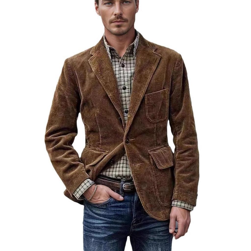 2024 Мужская вельветовая жилетка-куртка: Осень/Зима, Карманный дизайн, Однотонный, Однобортный