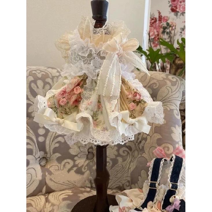 Vintage Floral Pet Lolita Dress with Lace Trim Large Bow Elegant Cottagecore Princess Costume for Small Pets Dog Clothes