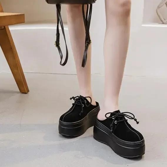 High Quality 8CM Suede Cow Genuine Leather Slipper Women Shoes Slip On Females Moccasins Women Platform Wedge Flats Pumps Shoes