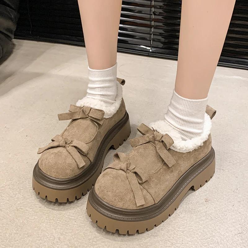 Меховые мокасины с бантом на платформе, женские замшевые туфли на плоской подошве из плюша и хлопка, брендовая зимняя теплая повседневная обувь для женщин 2025 года, тренд, удобные ботинки Mujer