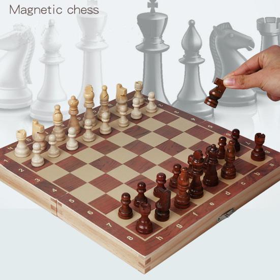 1 Set 3-In-1 Chess Board Game Wooden Chess Checker Backgammon Game Foldable Portable