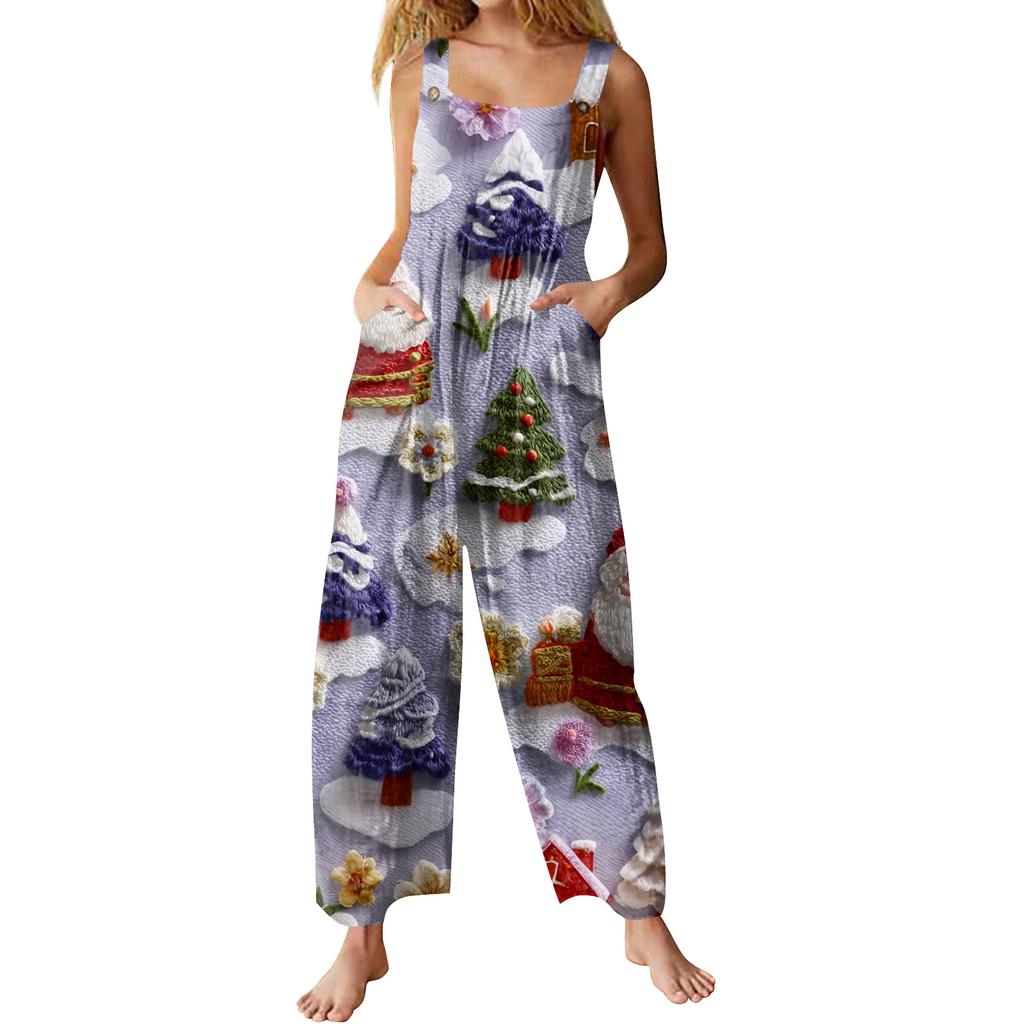 Womens Casual Overalls Jumpsuits Adjustable Straps Sleeveless Print Comfy Rompers With Pocket