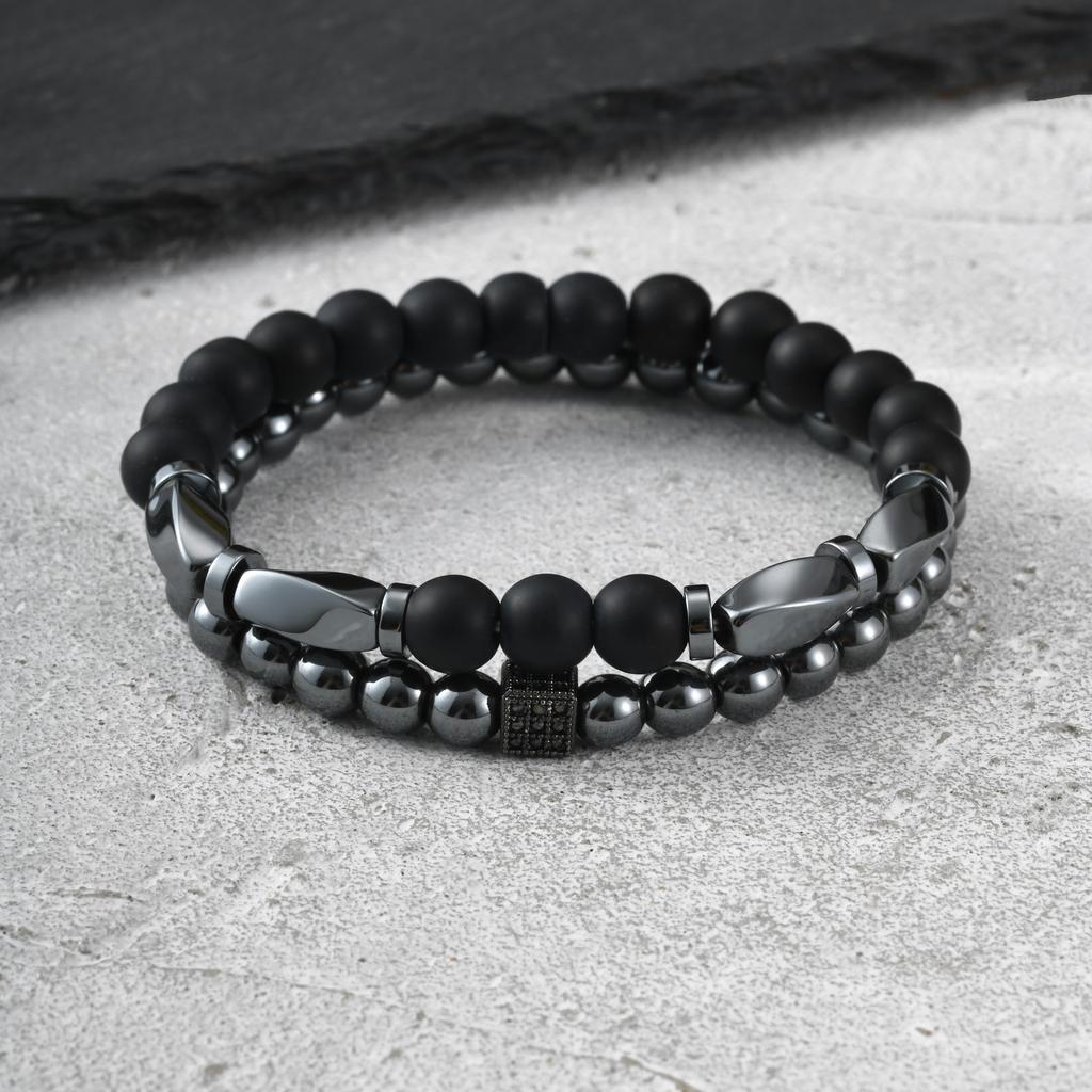 Vnox 2pcs/set Matte Black Onyx Hematite Beaded Bracelet Set Natural Stone Stretch Bracelets Fashion Jewelry Gifts for Men Women