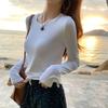 Solid Color Round Neck Long-sleeved T-shirt for Women Slimming Spring New Style High-end Right Shoulder All-match Pure Cotton Top