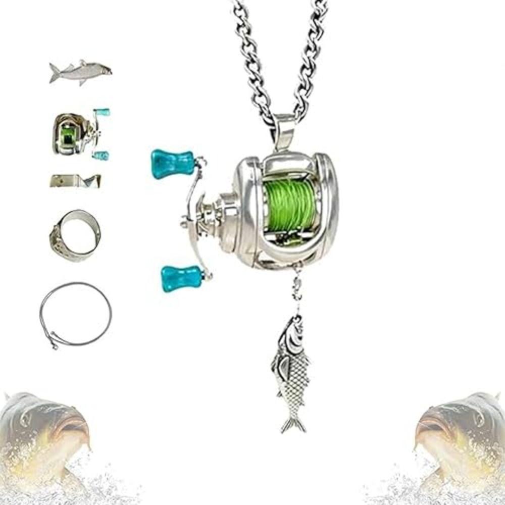 Alloy Mini Fishing Reel Necklace with Rotatable Handle Fishing Reel Ring Backpack Keychain