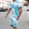 2-piece Men's Color Block Summer Leisure Outfit Set, Digital Print Men's Short Sleeve T-shirt & Drawstring Shorts With Pockets