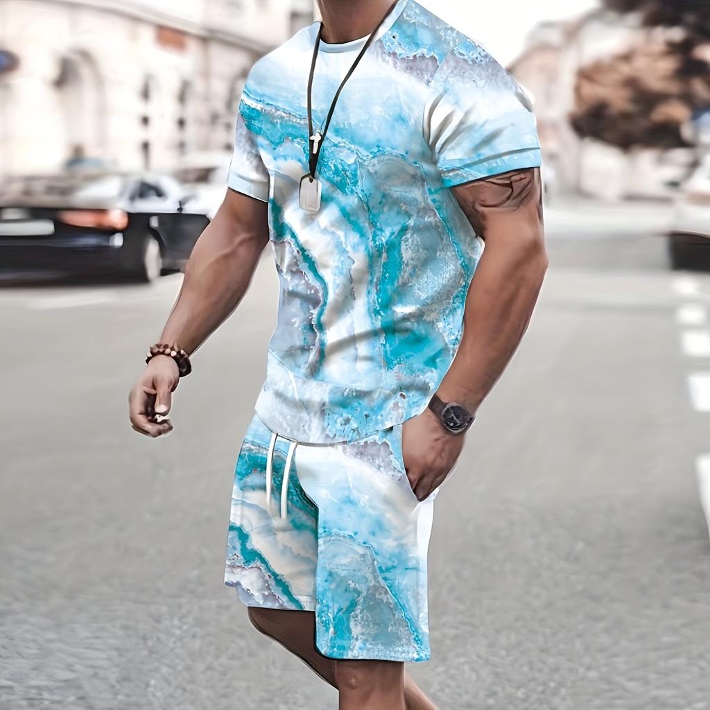 2Pcs Trendy Outfits For Men, Casual Crew Neck Short Sleeve T-shirt And Shorts Set For Summer, Men's Clothing Vacation Workout