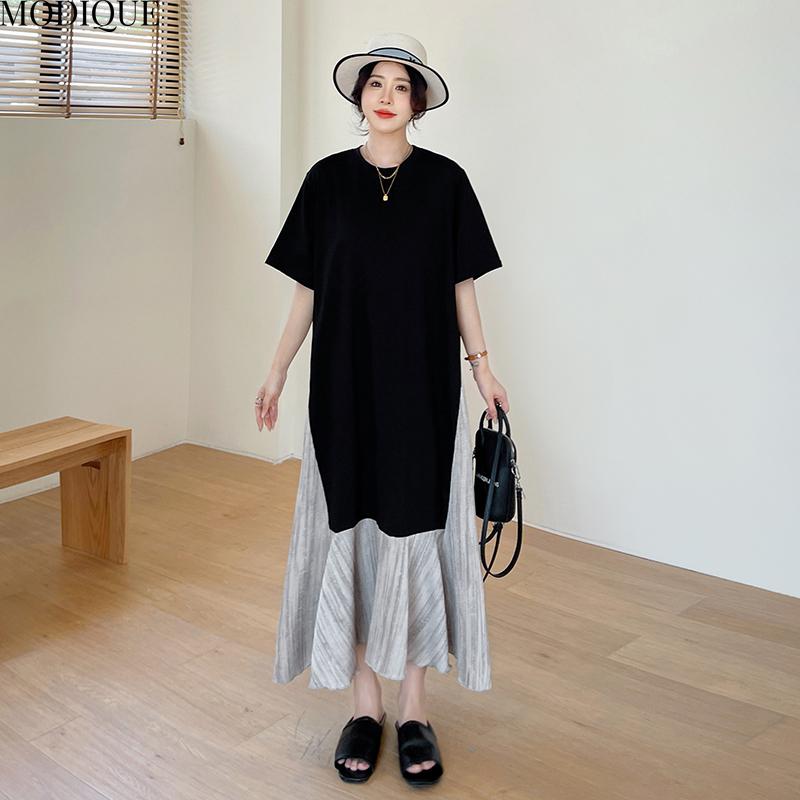 MODIQUE Summer Plus Size New Women Basic Loose Minimalist Patchwork Pleated Long Dresses Female Casual Short Sleeve O-Neck Dresses