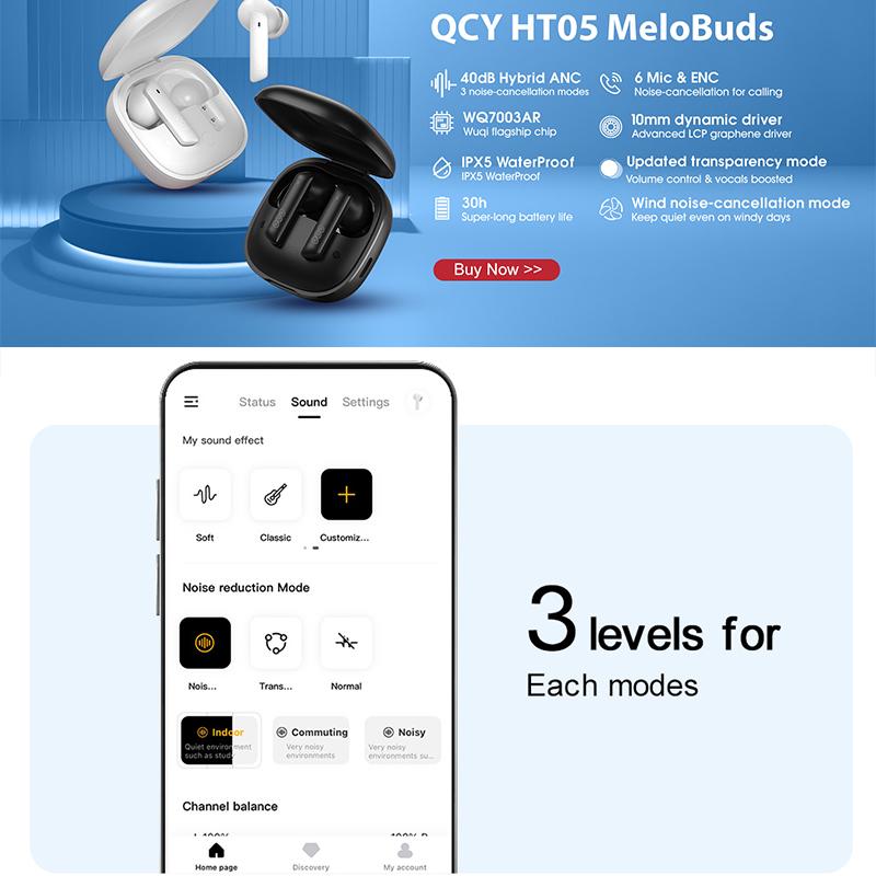 QCY HT05 ANC Беспроводные наушники 40 дБ с шумоподавлением Bluetooth 5.2 Наушники 6 микрофонов ENC HD Call TWS Наушники Режим прозрачности