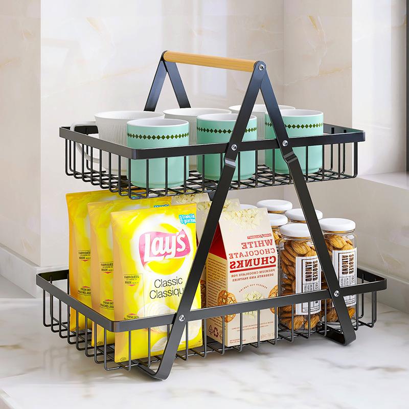 Double-layer wrought iron portable storage basket, kitchen fruit snack storage basket, living room desktop high-value fruit basket