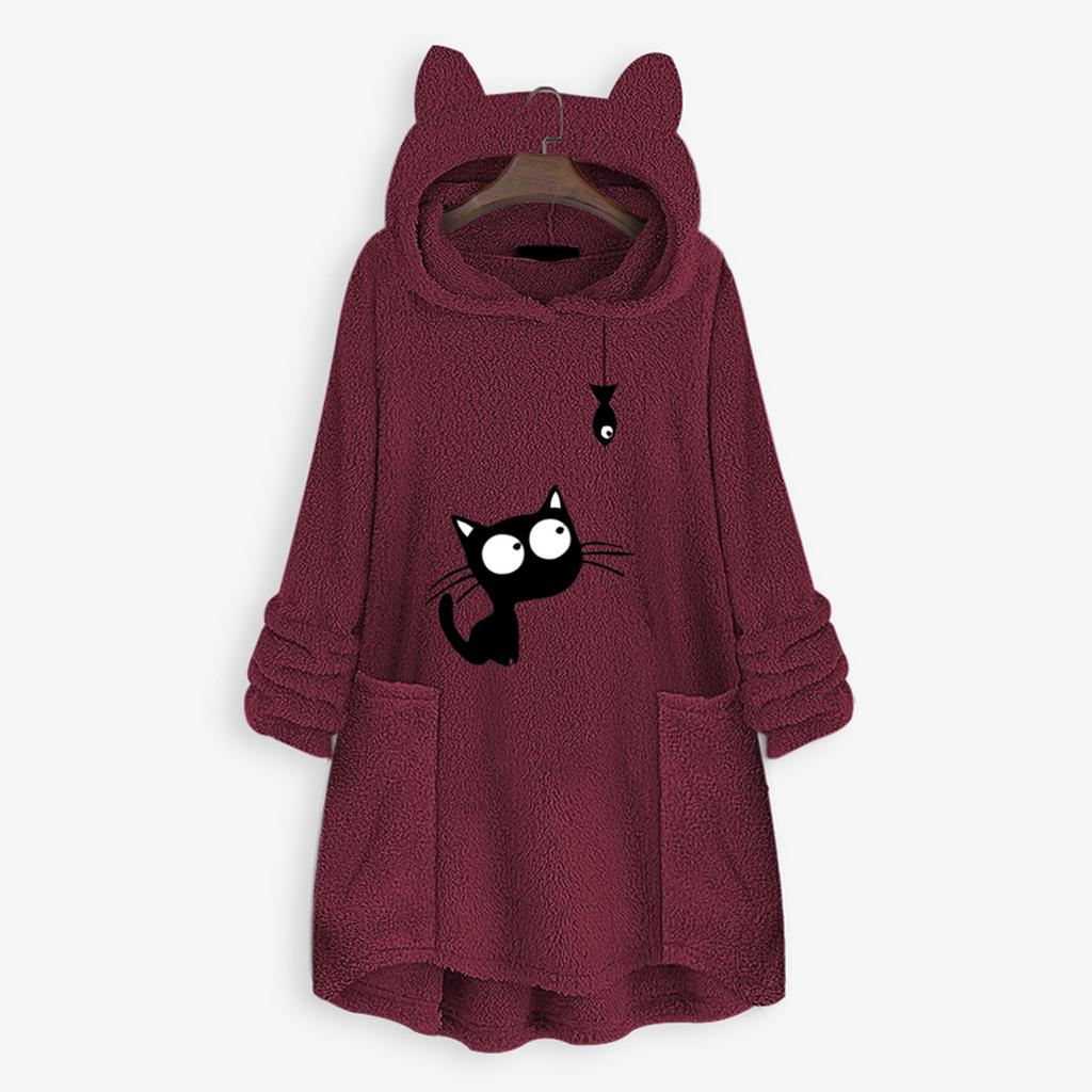 Women Fleece Embroidery Cat Ear Plus Size Hoodie Pocket Top Sweater Blouse