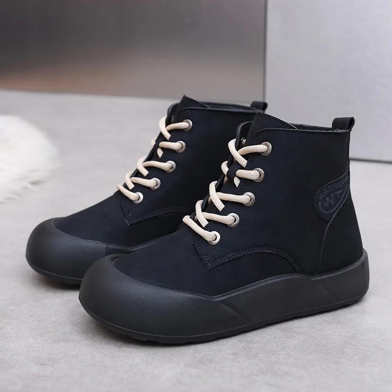 Женская обувь Зимние ботинки Корейские плюшевые Комфортные Для улицы Противоскользящие Хлопковые ботинки Зима На шнуровке Платформа Короткие ботильоны