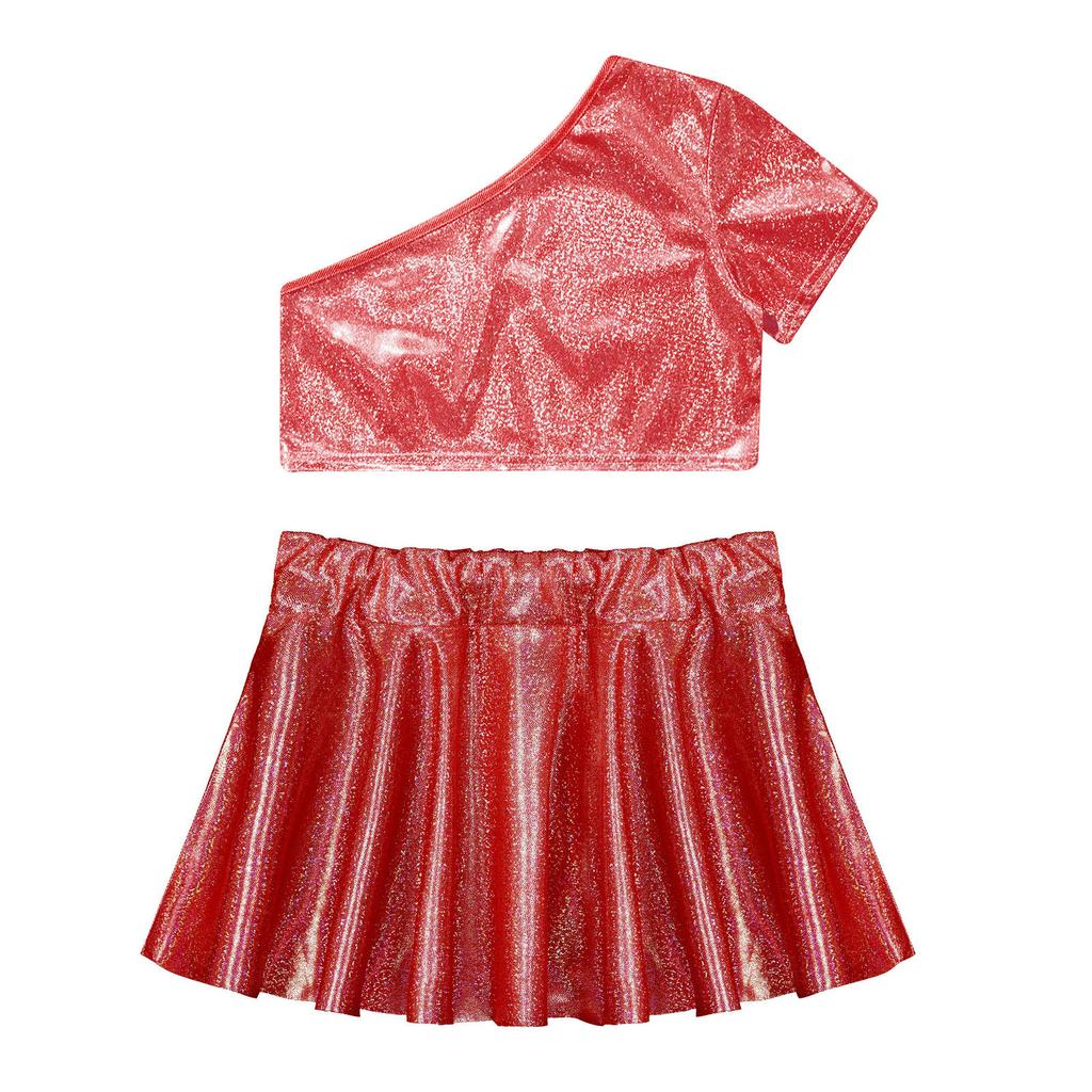 Наряд для джазового танца для девочек, топ-кроп с одним плечом и коротким рукавом, металлическая юбка, костюм для чирлидинга