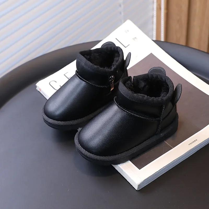 Зимние детские зимние сапоги для мальчиков и девочек, мягкие теплые короткие сапоги, модные универсальные утолщенные плюшевые туфли из хлопка для маленьких детей с липучкой