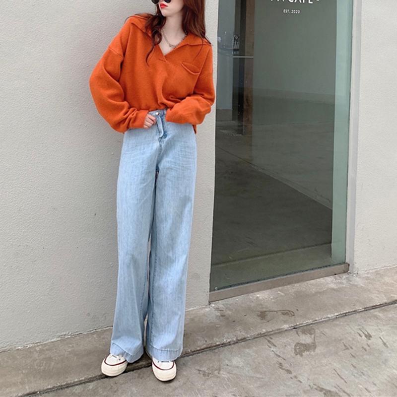 Hirsionsan Cropped Loose Solid V-neck Knitted Pullover Sweaters Women New Korean Causal Retro Sweaters Minimalist Long Sleeve Jumpers