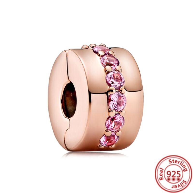 Hot Sale Rose Gold Series Pink Zircon Leaves Heart Pendant Sparkling Clip Bead Fit Charm Bracelet DIY S925 Silver Jewelry