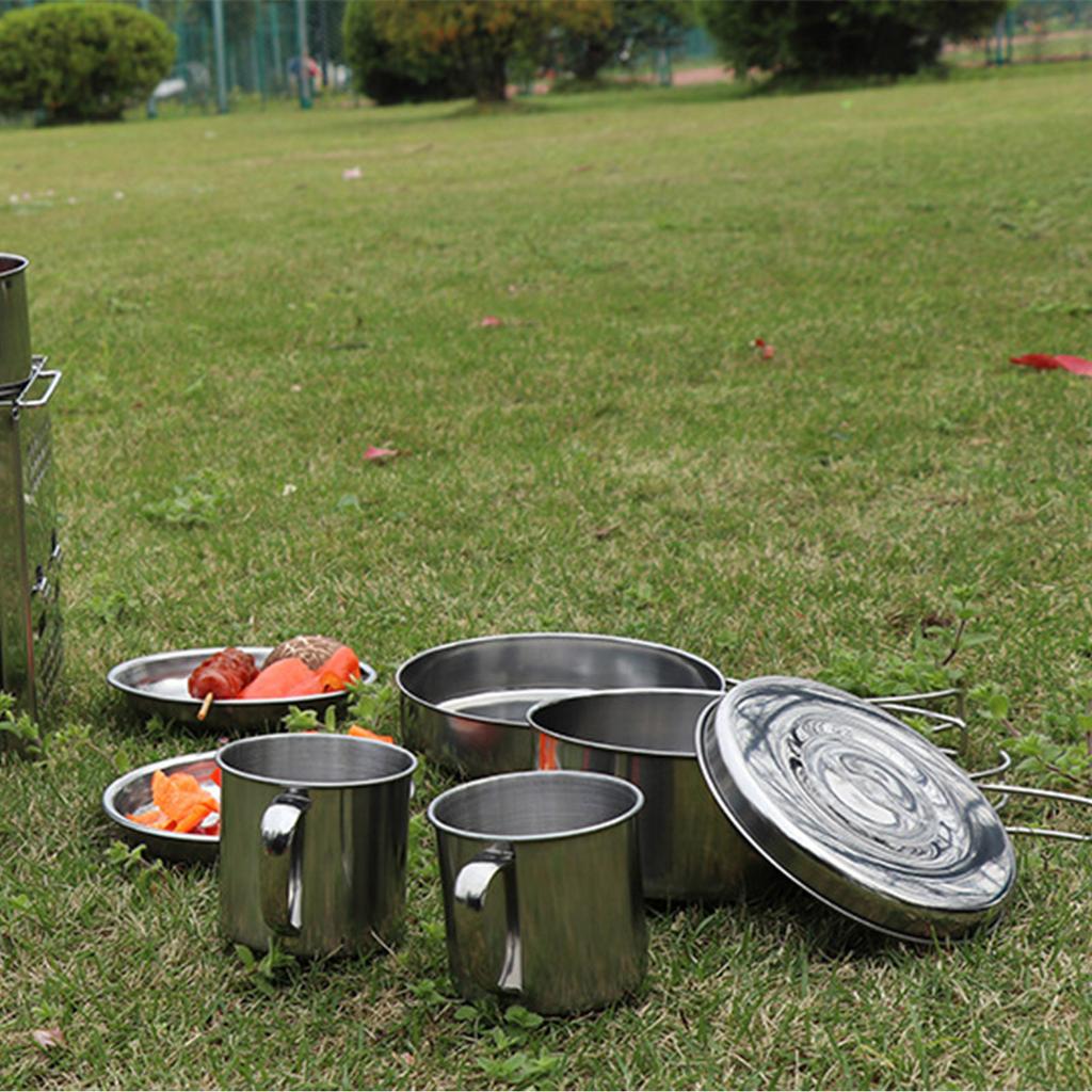 Набор посуды из нержавеющей стали для кемпинга на открытом воздухе, складной набор горшков, набор из 8 предметов, тарелка для пикника на открытом воздухе, миска, чашка, набор посуды