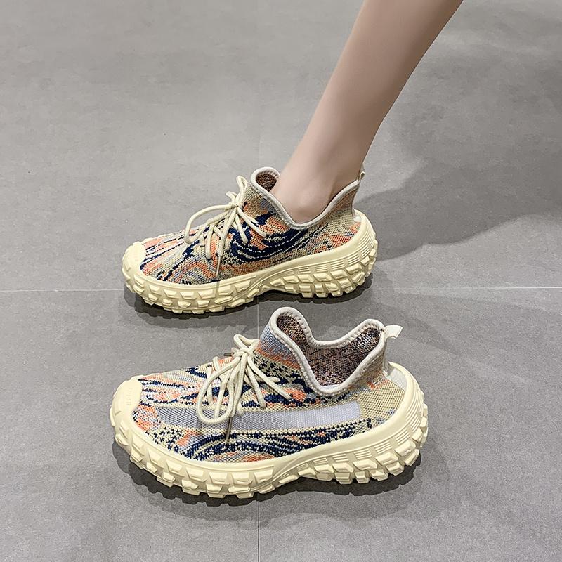 Spring/Autumn New Round Head Thick Sole Increase Shock Absorption Vulcanized Shoes Mesh Surface Breathable Fresh Walking Shoes