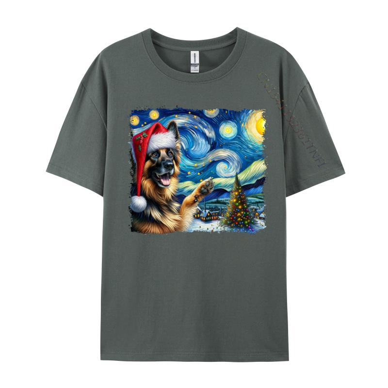 Gerunisex Shepherd Santa Starry Night Van Gogh Christmas Dog Tshirts High Street Youthful Tops T Shirt Wholesale Cotton Youth