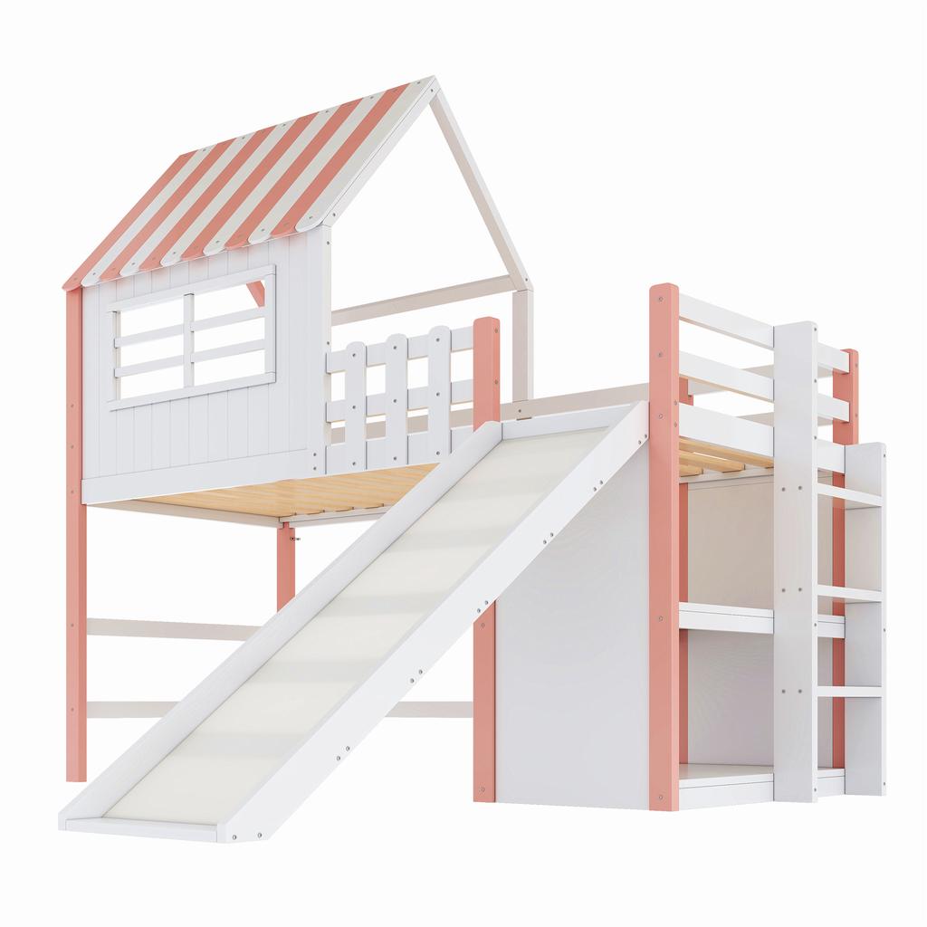 Children's Bed 90 x 200 cm Attic Design Safety Ladder Safety Slide, Multi-Level Storage Compartments Multifunctional Solid Wood Single Loft Bed Pink