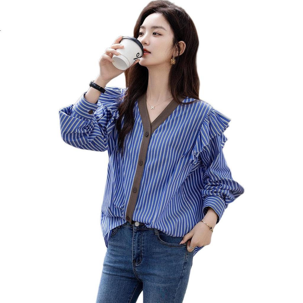Dme [Straight to the Sky] Autumn Design V-Neck Striped Cotton Shirt, Patchwork Flutter Sleeves, Loose Blouse Women's Top