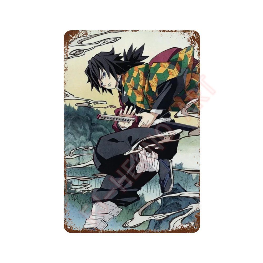 Classic Pop Anime Demon Slayer Kyojuro Rengoku Art Poster Metal Tin Sign Plaque Wall Plates for Living Room Modern Home Decor