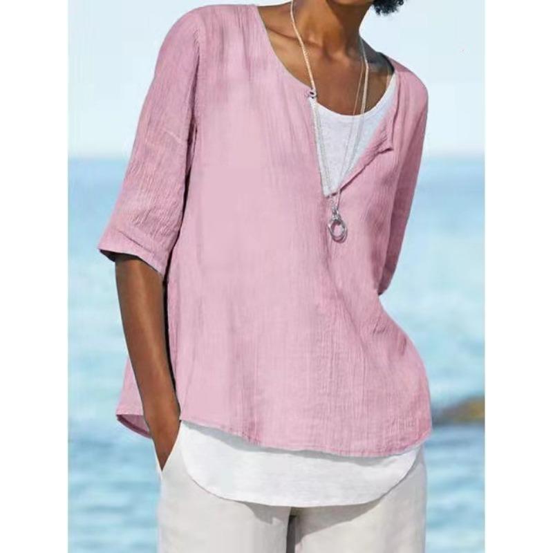 DAFIFY Женские модные повседневные летние весенние однотонные блузки и рубашки с круглым вырезом и рукавами 1/2 с принтом