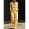 Bohemian Brown Bottom Palm Leaf Print V-Neck Plaid Shirt Wide Leg Pants Two-piece Women's Casual