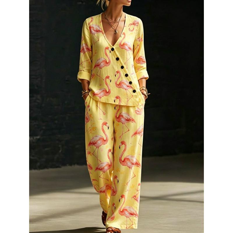 Bohemian Brown Bottom Palm Leaf Print V-Neck Plaid Shirt Wide Leg Pants Two-piece Women's Casual