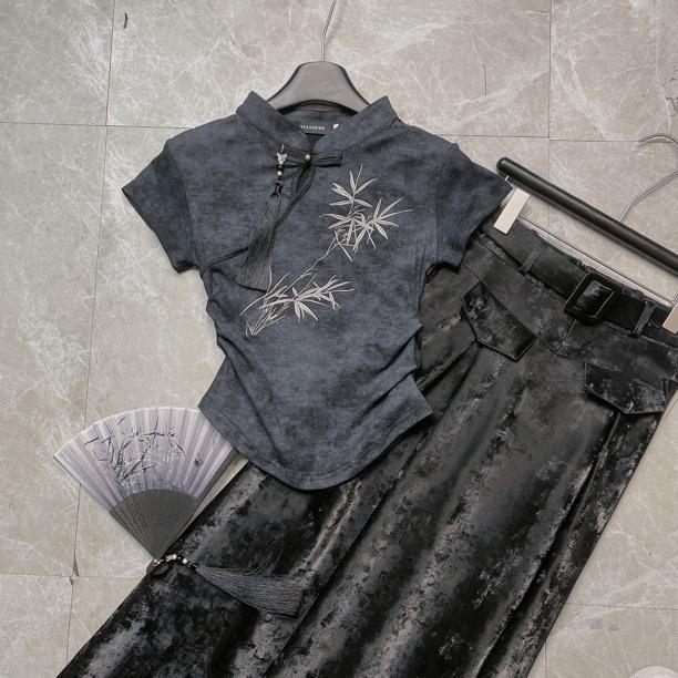 Футболка женская Thirteen Lines 2024 в китайском стиле с вышитыми пуговицами, короткий топ