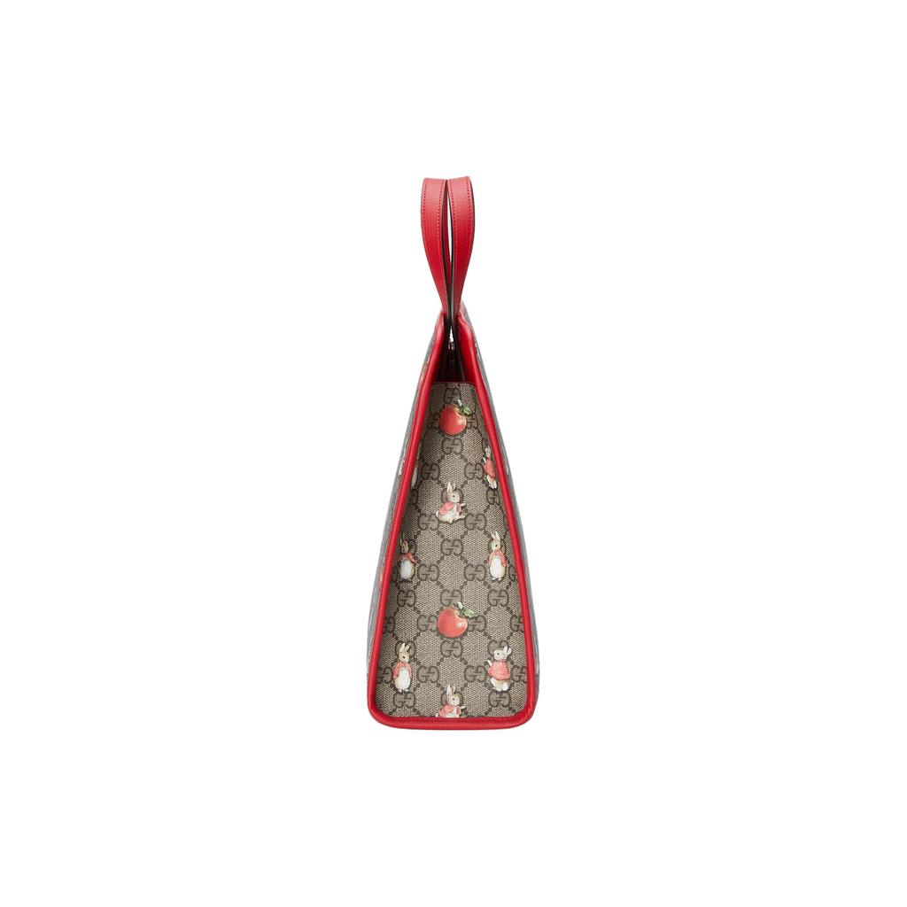 Gucci X Peter Rabbit GG Supreme Tote Bag Beige Red Canvas Trim Rabbit Apple Print Shoulder Handbag for Kids Girls Boys Daily Use 605614-FAC0K-8647