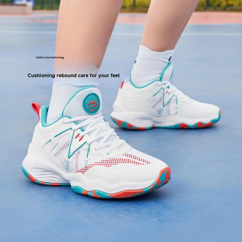 Li-Ning Cloud Lightweight Anti-Kick Shock Absorption Breathable Balance Support Mid-Top Basketball Shoes Kids Sneaker White Green YKBS034-11