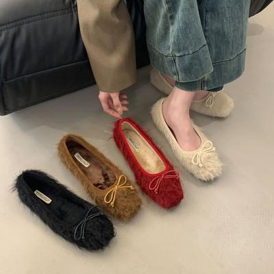 2025 осень и зима новый квадратный носок норка пух плюш теплый бант балетная шапка женская одинарная обувь плоская подошва