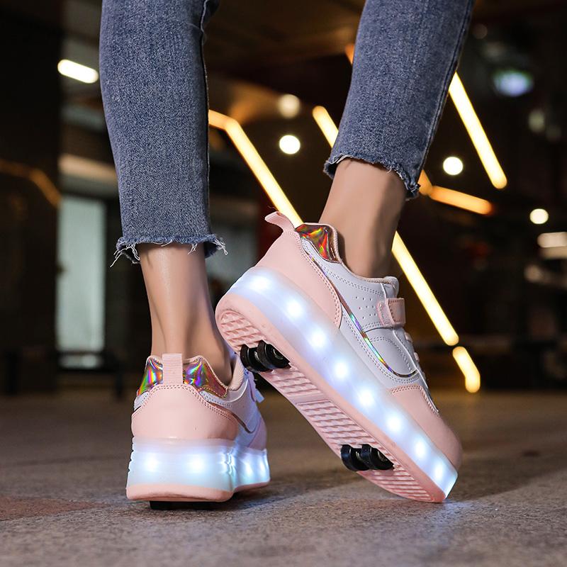 Детская спортивная обувь с подсветкой, натирающая обувь, однотонная волшебная нашивка с зарядкой, двухрядная четырехколесная скользящая обувь