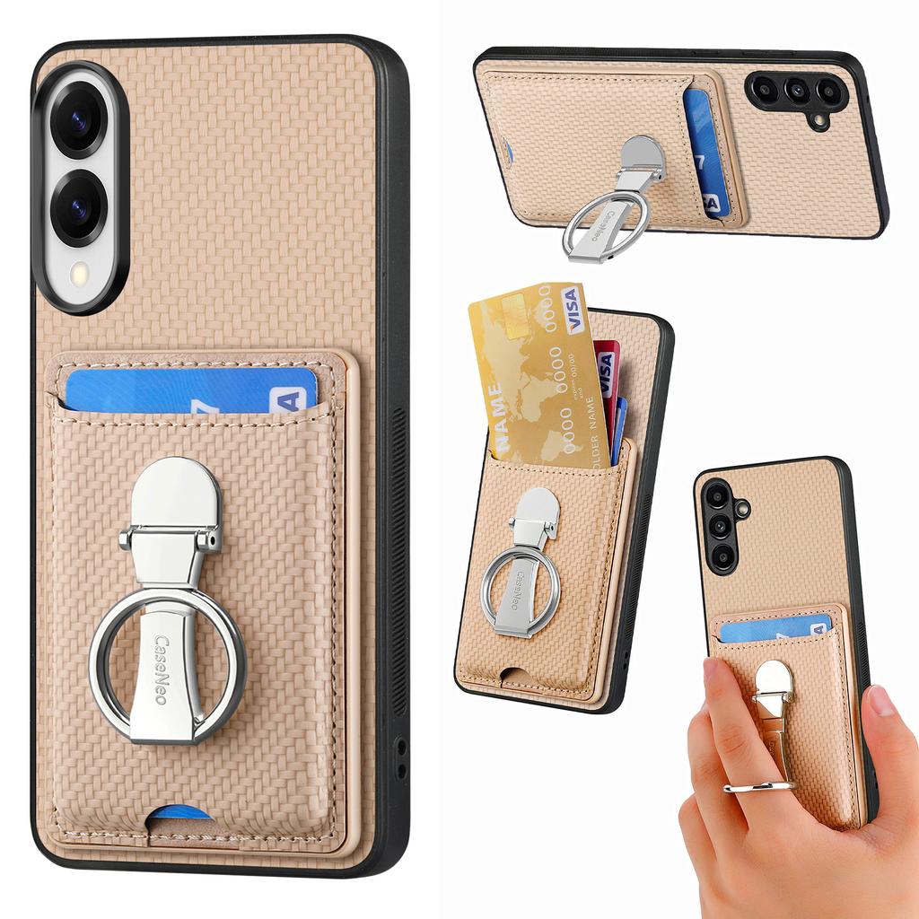 For Samsung Galaxy S25 Edge Leather Phone Back Cover with Kickstand and Card Slots Carbon Fiber Texture