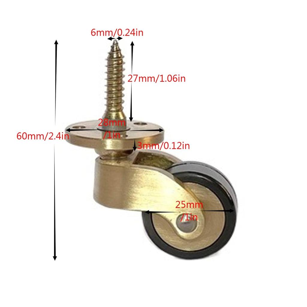 25mm Solid Brass Caster Wheel - Antique Style 360° Swivel Vintage Rubber Castors for Furniture With Screws, 4 Pack Set - Load 330 lbs