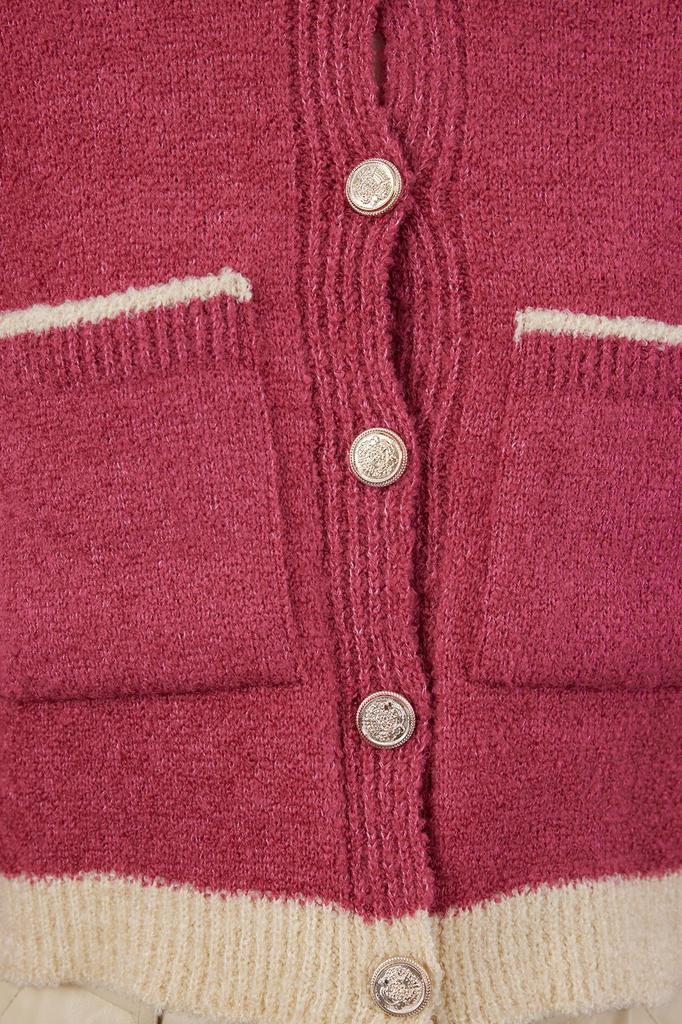 Women's Fashionable Stylish Cardigan Pink Boucle Polo Collar Coat Look Knitwear Cardigan