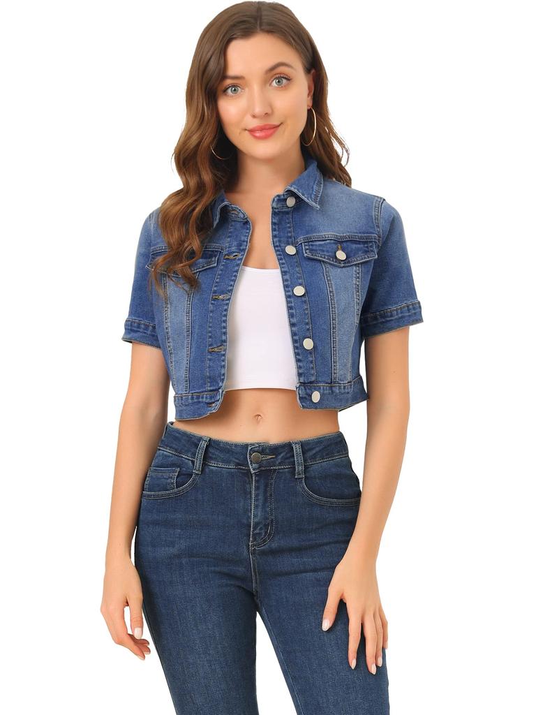 Allegra K Women's Short Sleeve Denim Crop Jacket, Casual, Blue, Size L