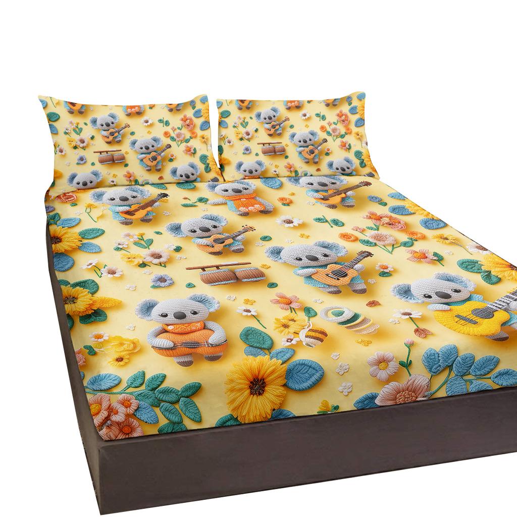 Three-Piece Bed Linen Set In A Warm Shade Of Mustard With 2 Pillowcases, Suitable For The Bedroom (Animal, Souvenir)