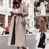 Women Oversize Coat Solid Color Belt Autumn Winter Turndown Collar Split Hem Long Coat for Office