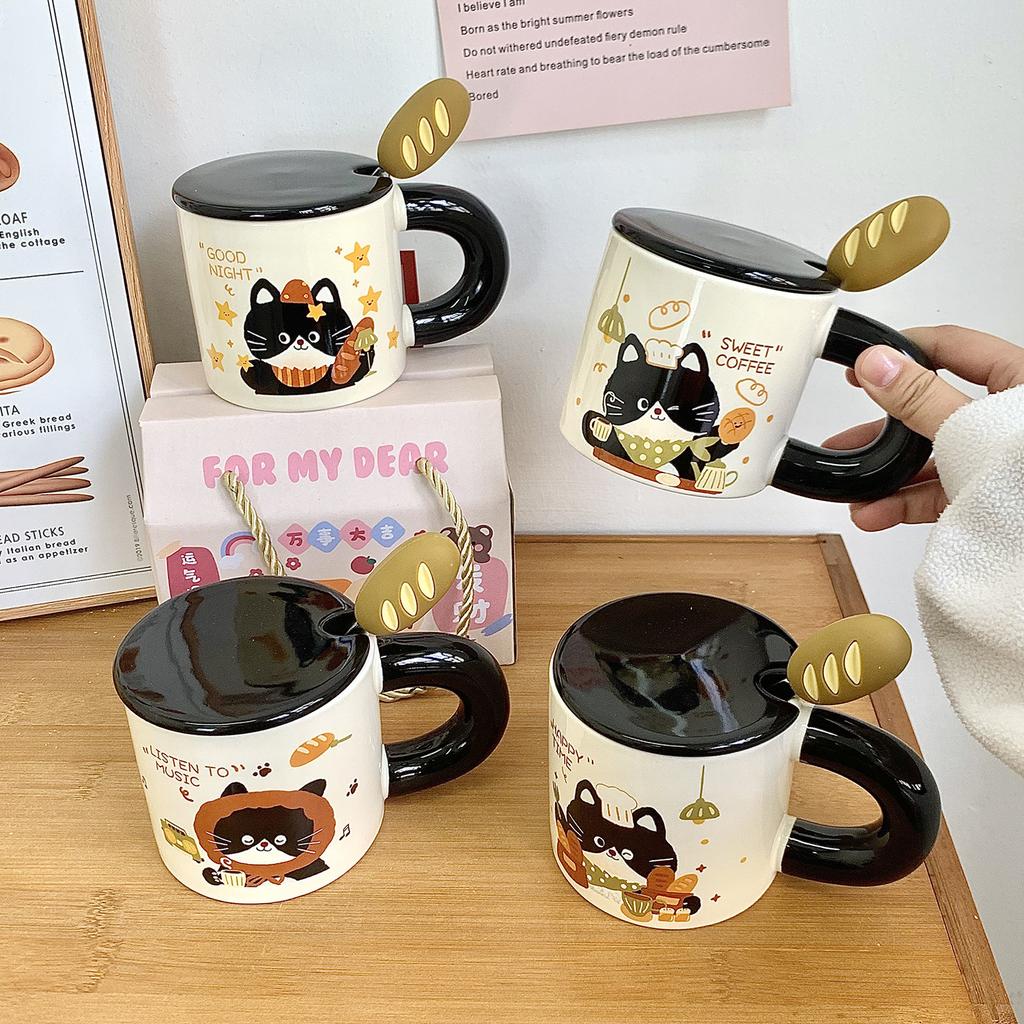 Кружка-котенок с крышкой и ложкой, большая керамическая чашка для девочек, офисная чашка для воды, чашка для кофе, чашка для завтрака, для мужчин