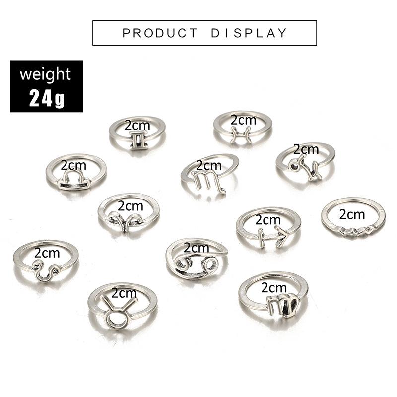 12pcs / lot Bohemian Vintage Silver Twelve Constellation Joint Ring Set Women Wedding Birthday Banquet Jewelry Accessories