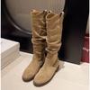 New Brown Knee High Suede Boots Women Round Toe Low Heel Over The Knee Boots Slouchy Ruched Knee High Boots Wide Calf