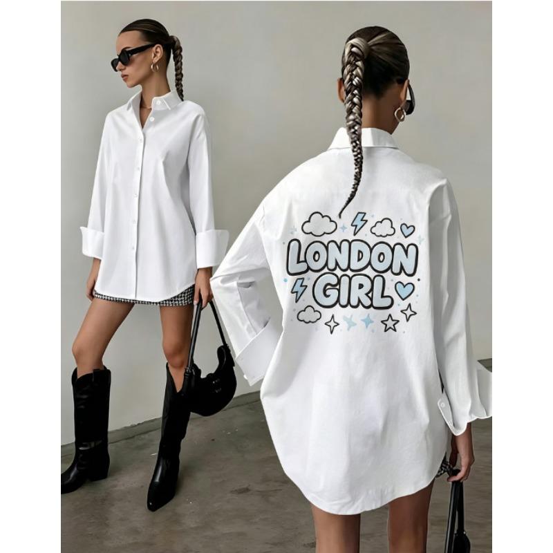 Women S White Long Sleeve Printed Mid Length Casual Shirt