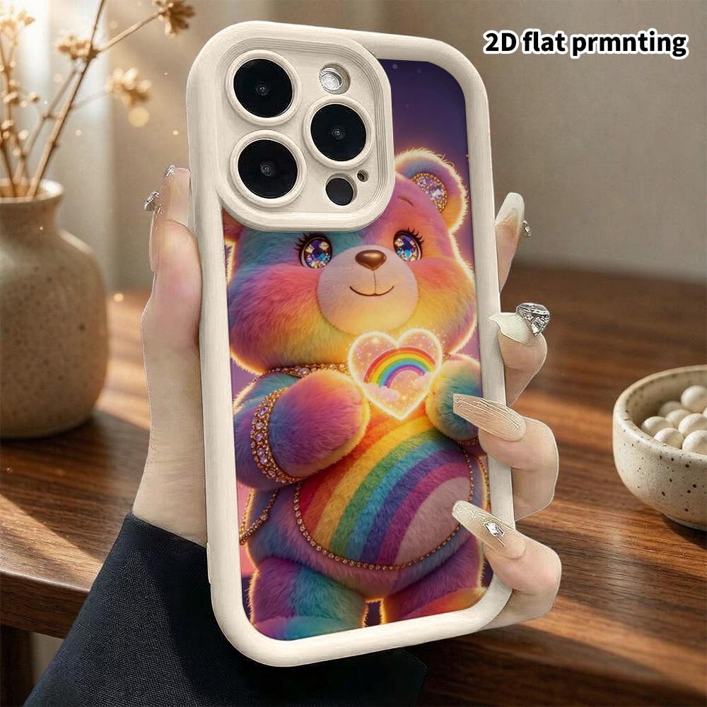 Phone Case: 2D flat design suitable for iPhone 18 17 16 15 14 13 Pro stepped protective case, rainbow heart little bear, Christmas and Halloween gift