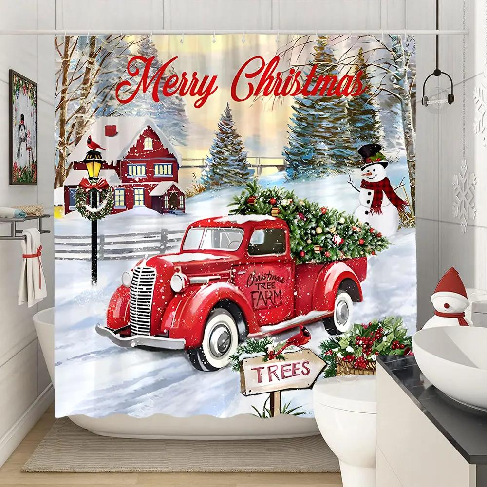 Веселые рождественские занавески для душа Зимняя снежинка Рождество Сосновые листья Лампа Праздник Фермерский дом Ткань для ванной Занавеска для ванной Декор для ванной
